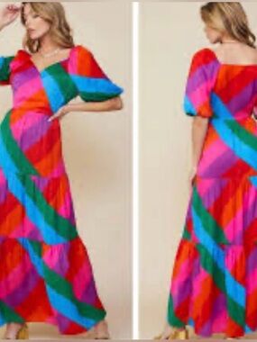 Vibrant Multicolor Maxi Dress with Puff Sleeves
